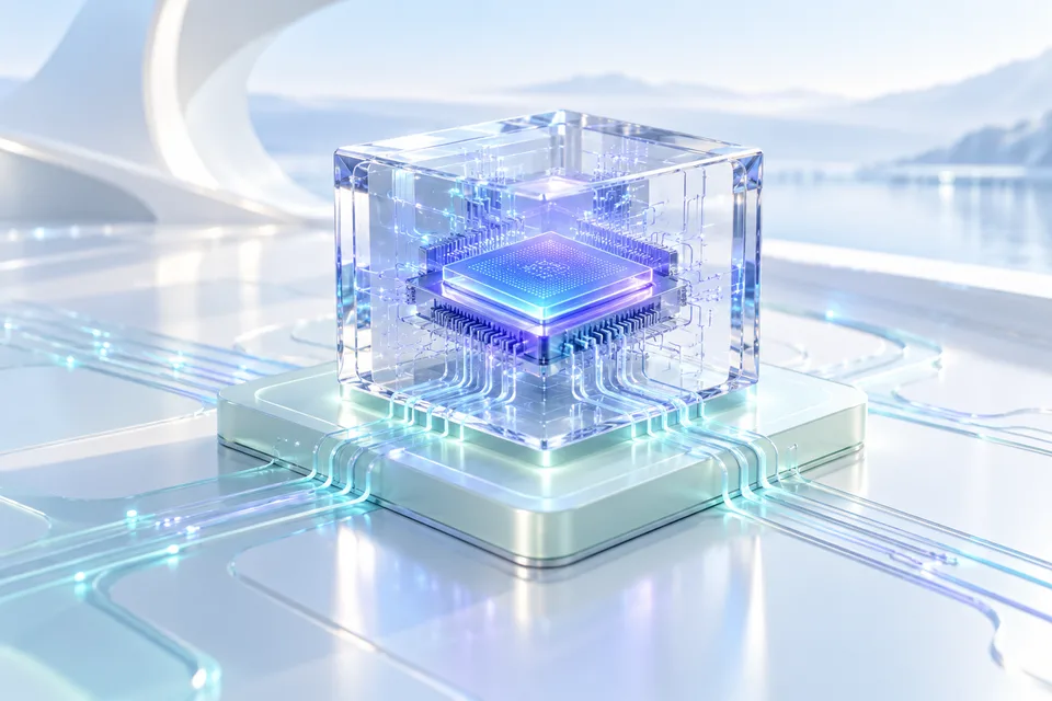 Concept image of a glass AI processor with luminous circuits