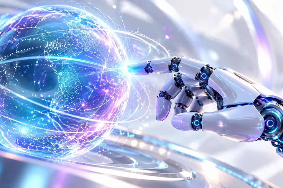 AI-generated concept: robotic hand with holographic AI sphere